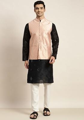Black Mirror Work Poly Blend Kurta Set For Men