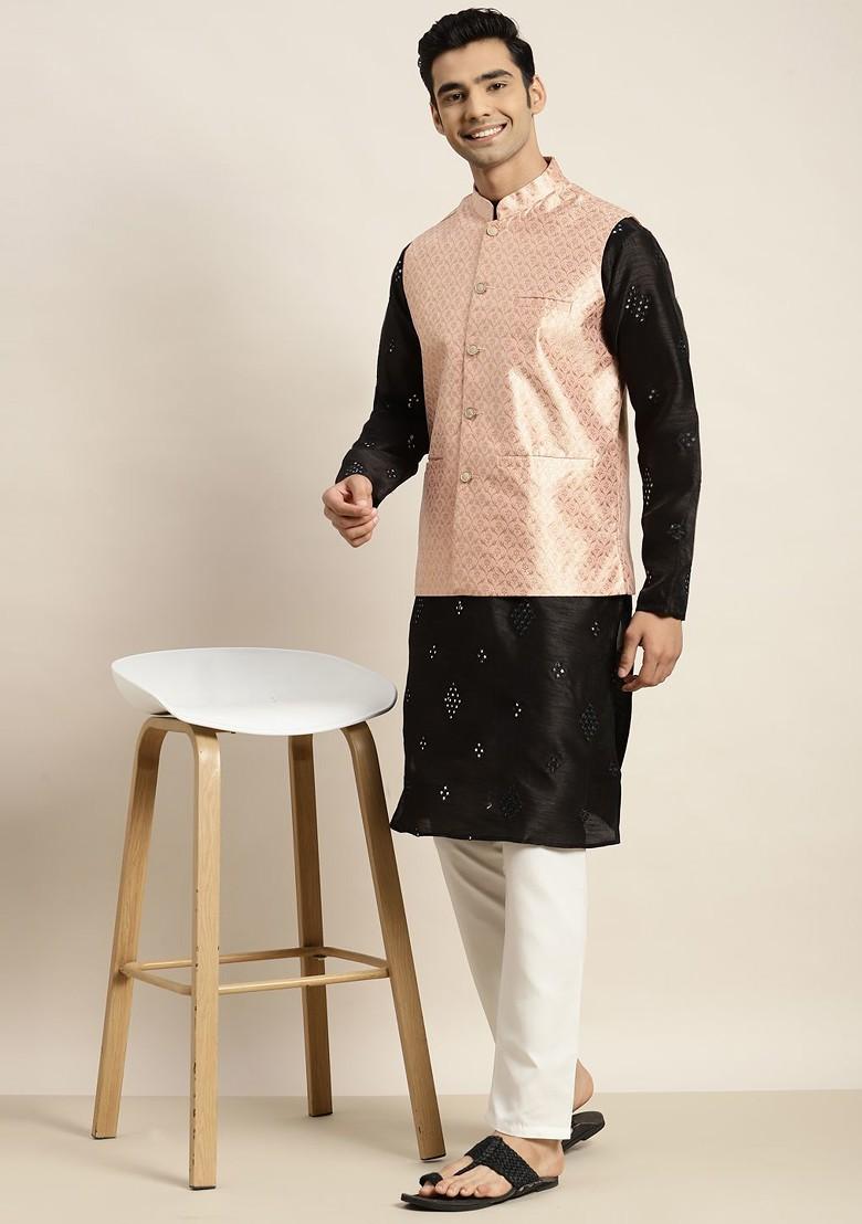 Black Mirror Work Poly Blend Kurta Set For Men