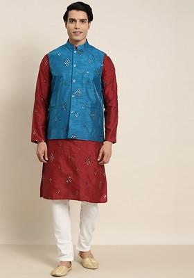 Maroon Mirror Work Poly Blend Kurta Set For Men