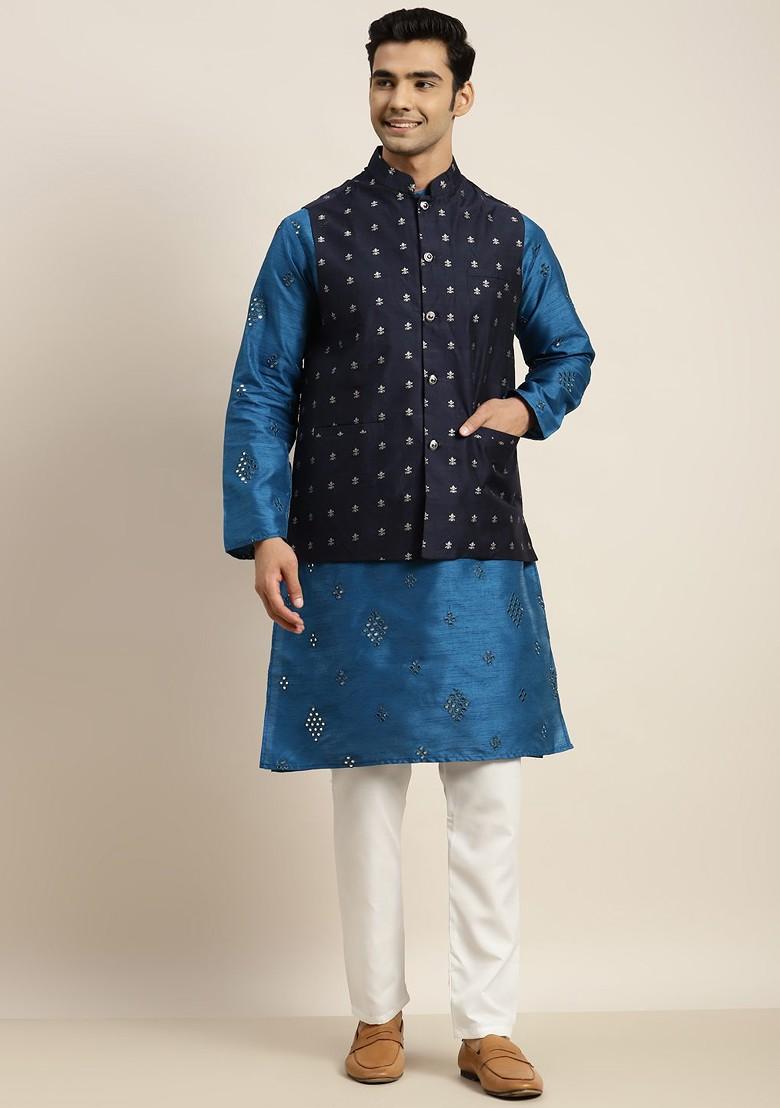 Blue Mirror Work Poly Blend Kurta Set For Men