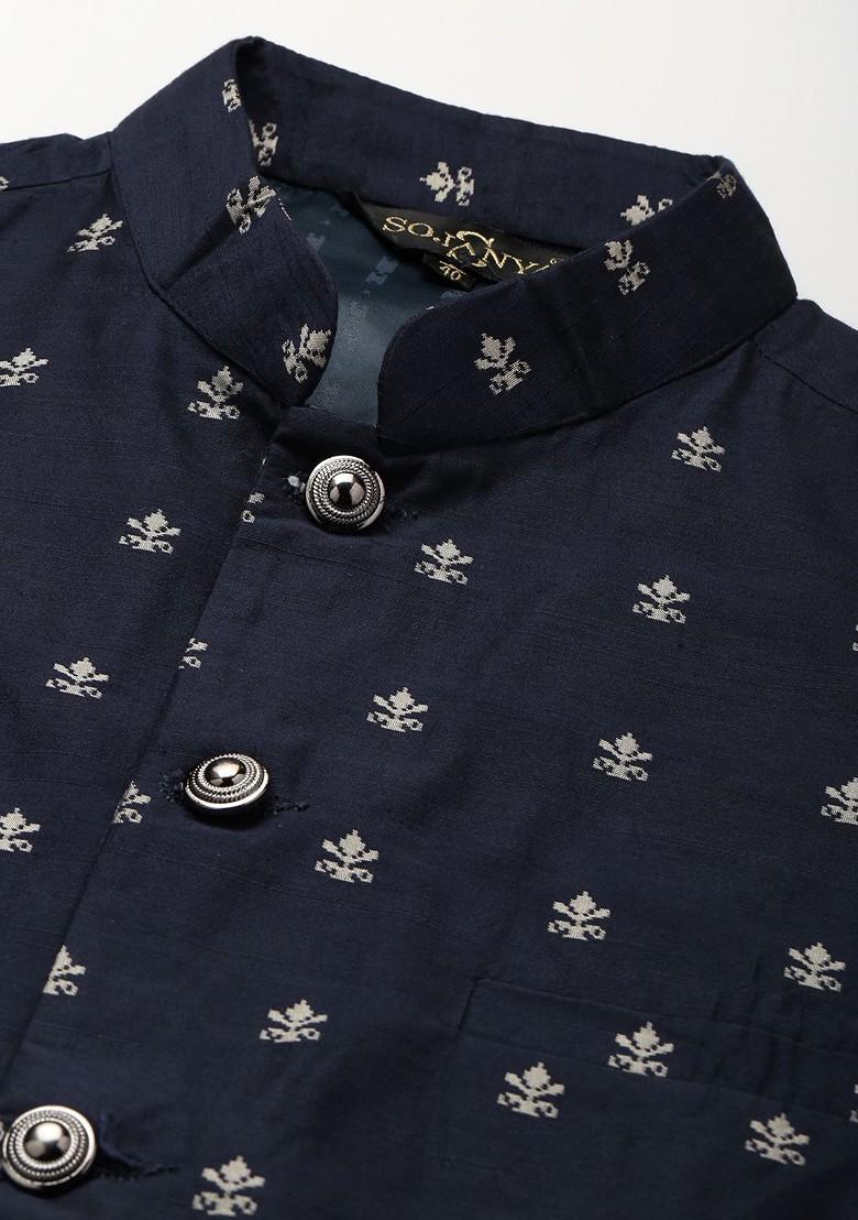 Blue Mirror Work Poly Blend Kurta Set For Men