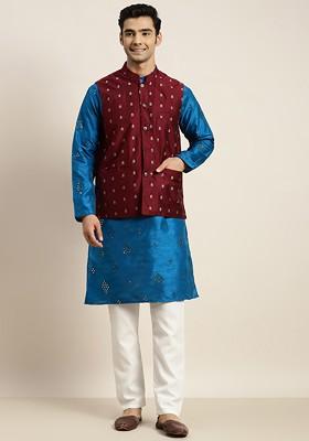 Blue Mirror Work Poly Blend Kurta Set For Men