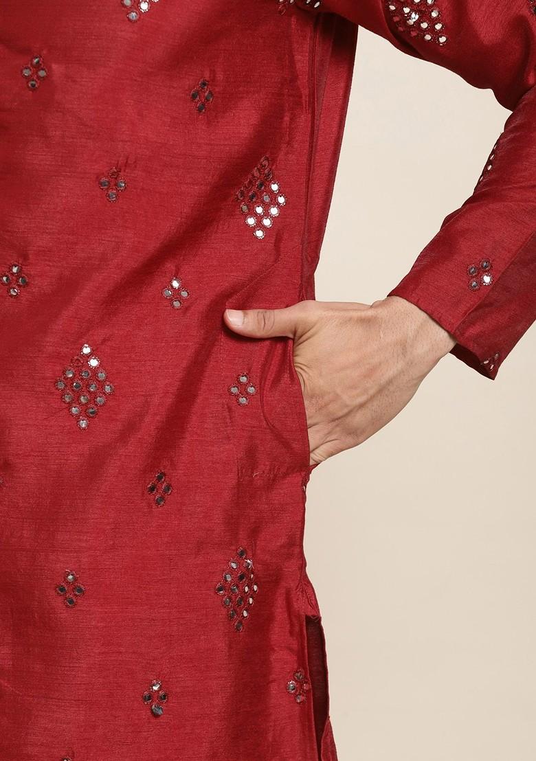 Maroon Embroidered Poly Blend Kurta Set For Men