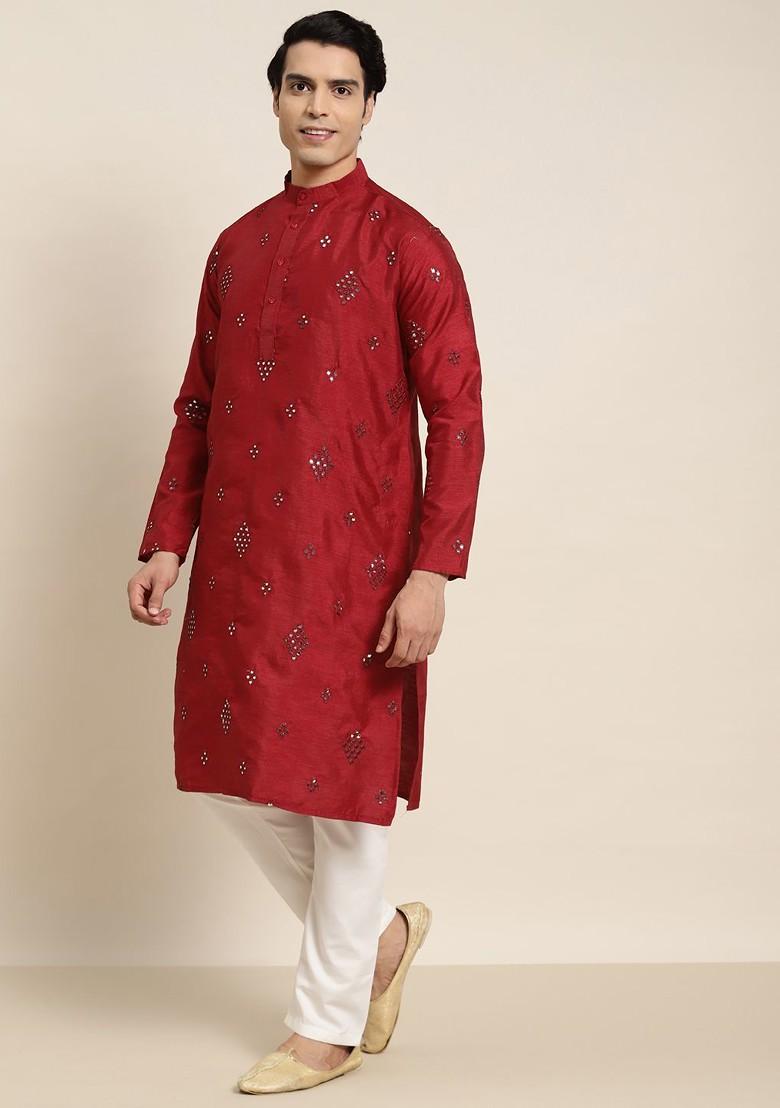 Maroon Embroidered Poly Blend Kurta Set For Men
