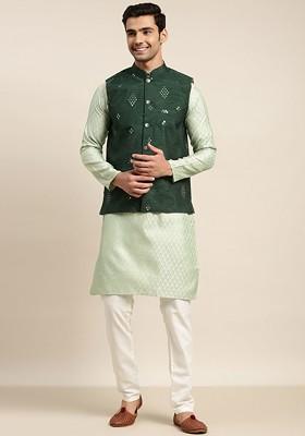 Green Ethnic Motifs Poly Blend Kurta Set For Men