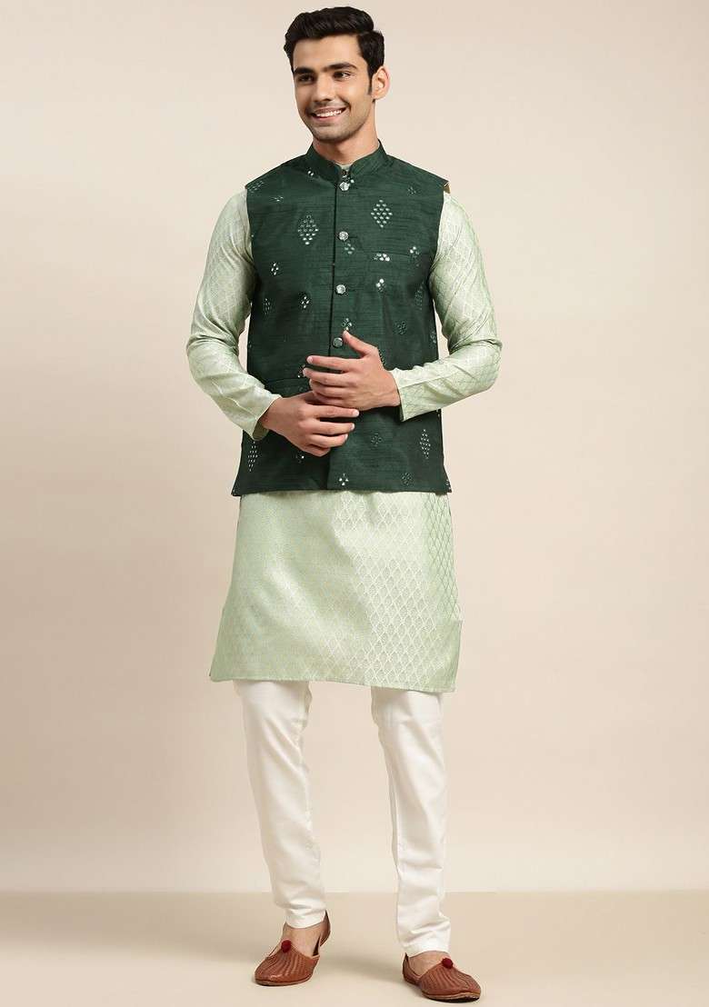 Green Ethnic Motifs Poly Blend Kurta Set For Men - Indya