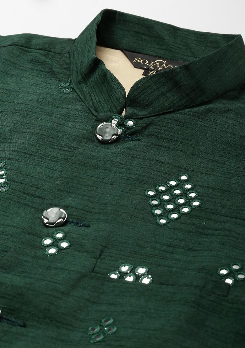 Green Ethnic Motifs Poly Blend Kurta Set For Men