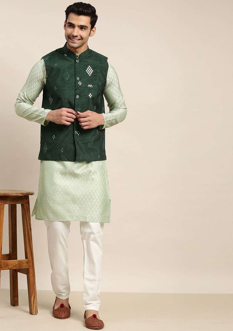 Green Ethnic Motifs Poly Blend Kurta Set For Men - Indya