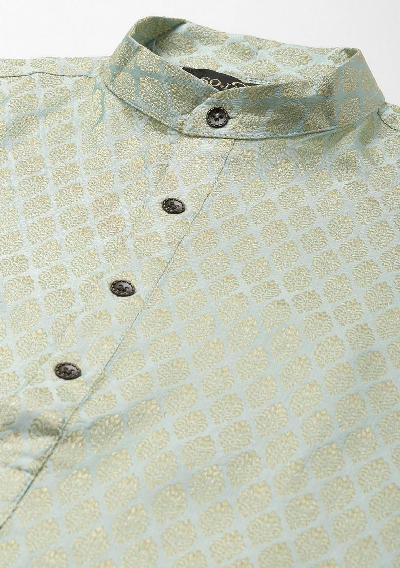 Green Ethnic Motifs Poly Blend Kurta Set For Men