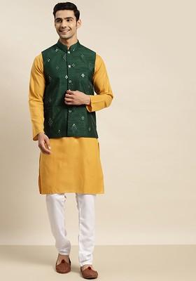 Mustard Mirror Work Cotton Kurta Set For Men