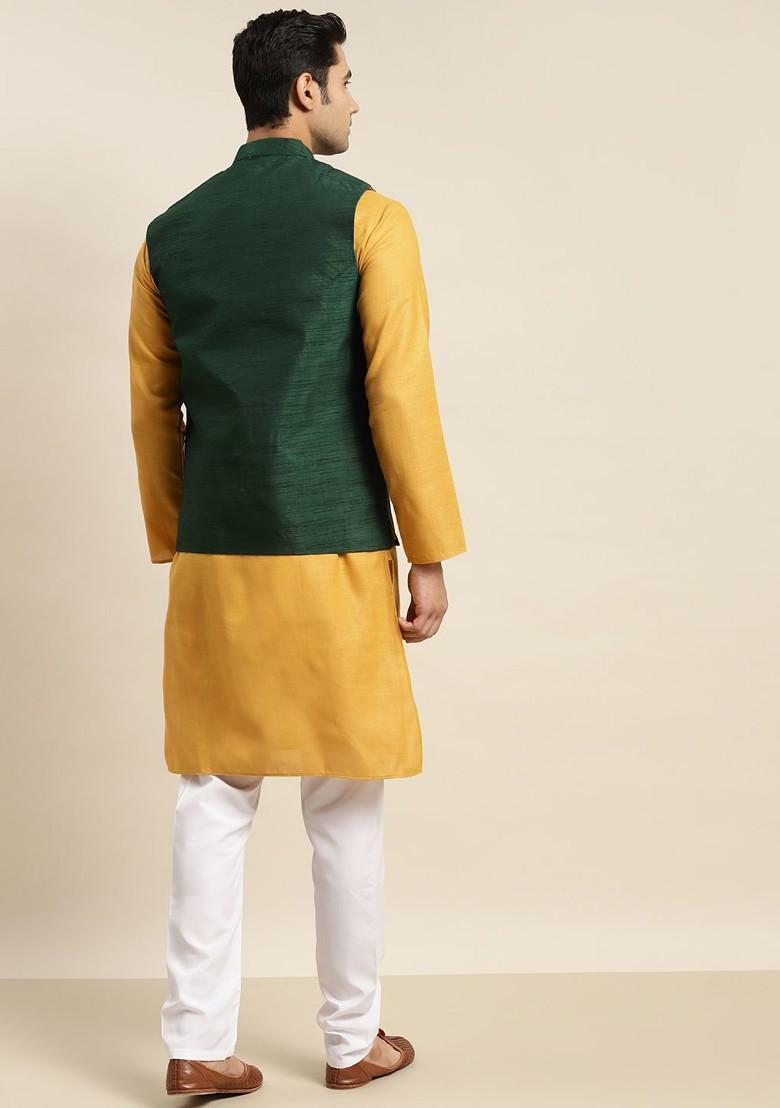 Mustard Mirror Work Cotton Kurta Set For Men