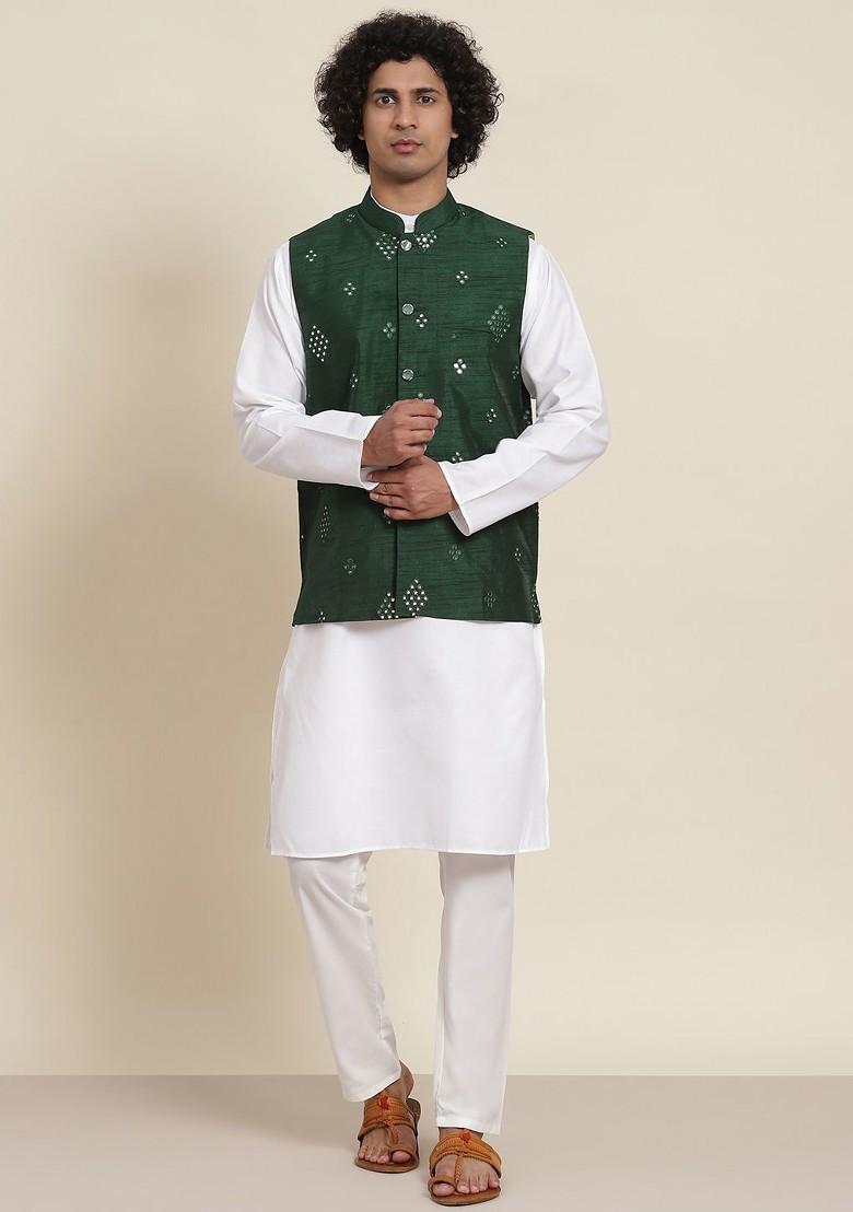 White Solid Cotton Kurta Set For Men