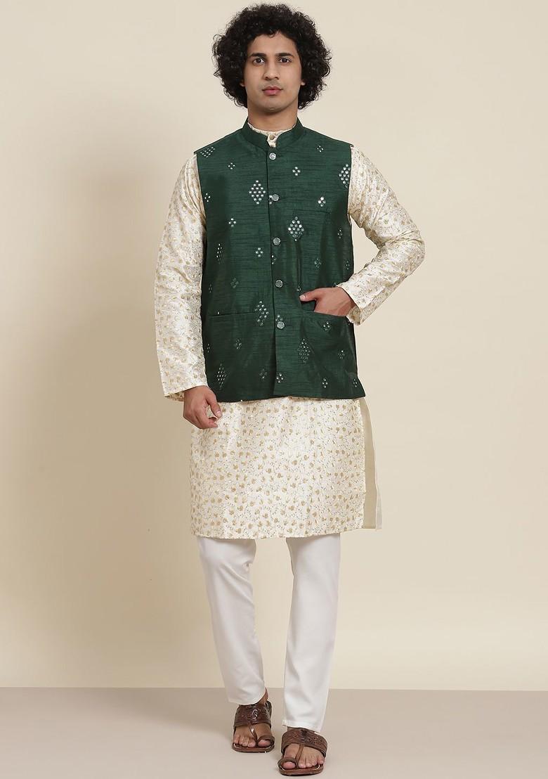 Beige Embroidered Poly Blend Kurta Set For Men