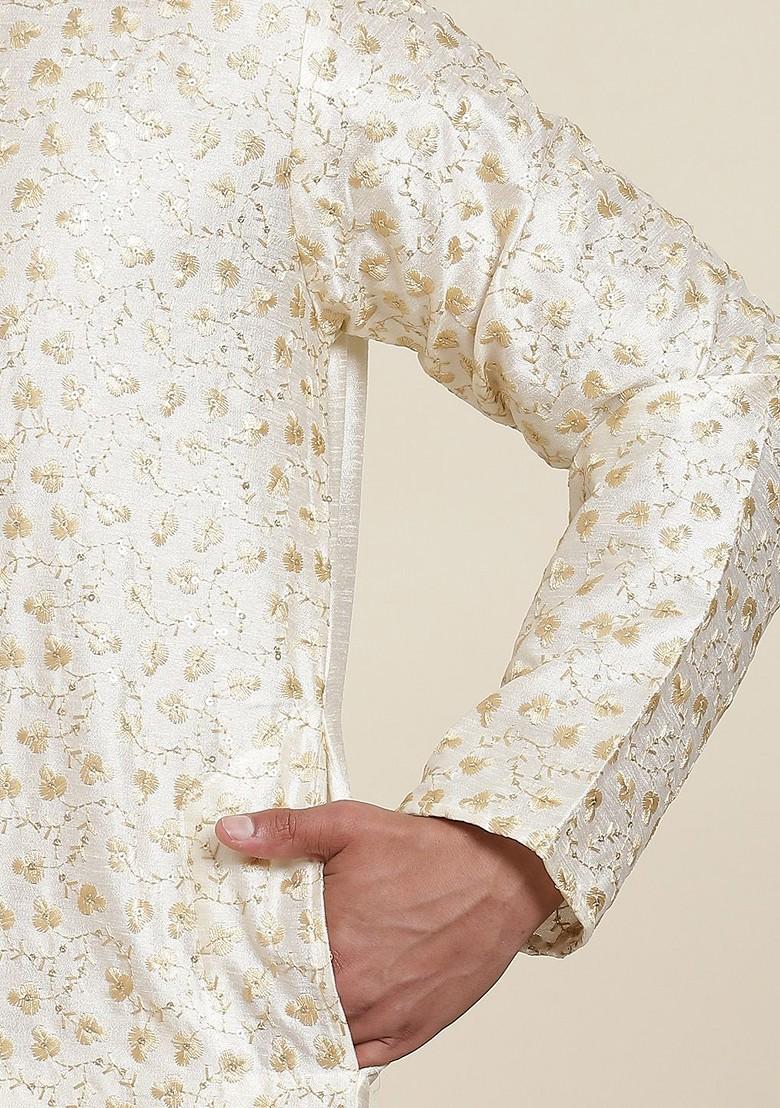 Beige Embroidered Poly Blend Kurta Set For Men