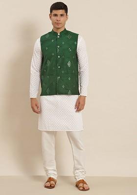 White Embroidered Cotton Kurta Set For Men