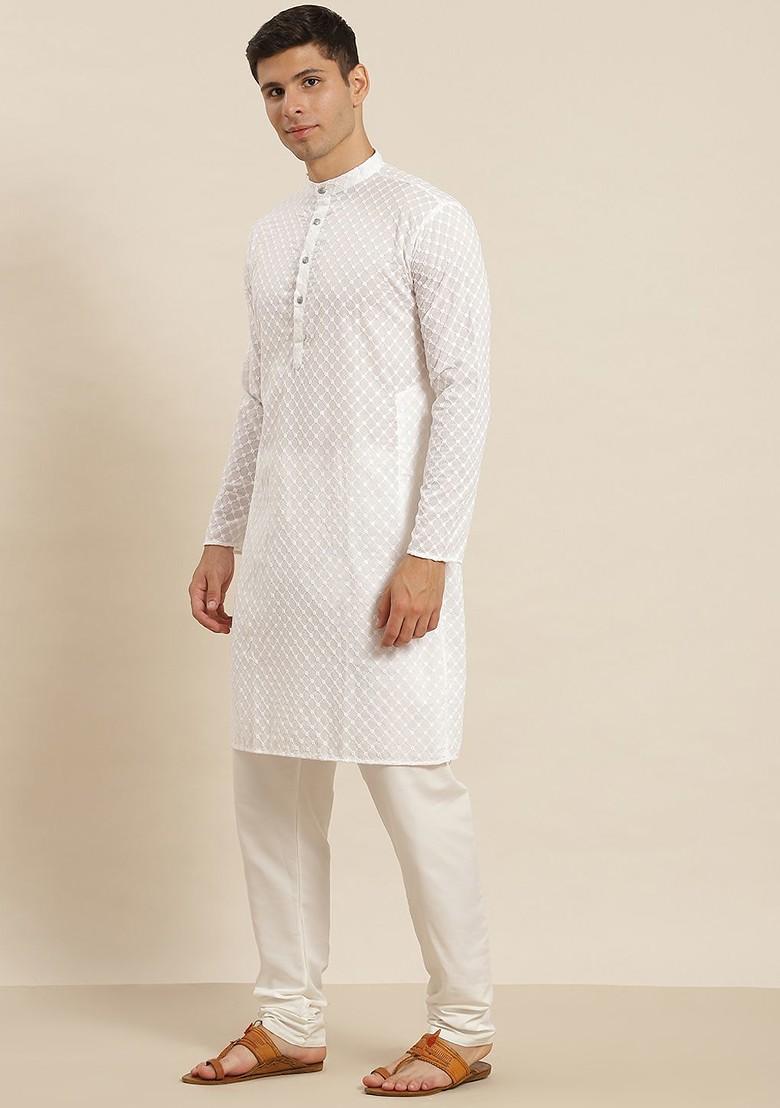 White Embroidered Cotton Kurta Set For Men