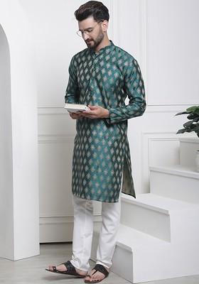 Green Woven Poly Blend Kurta Set For Men