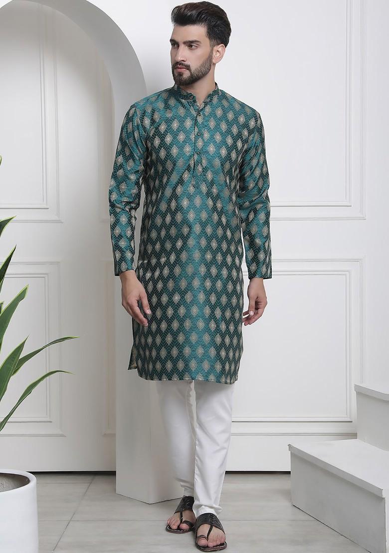 Green Woven Poly Blend Kurta Set For Men