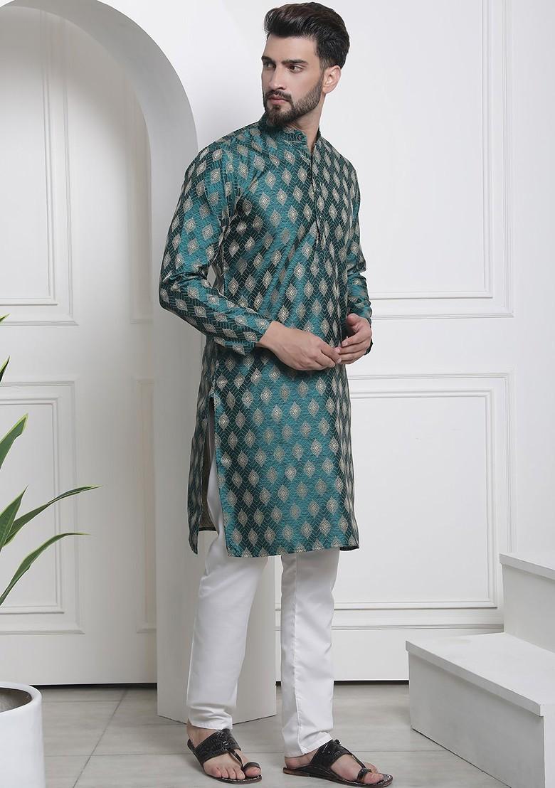 Green Woven Poly Blend Kurta Set For Men