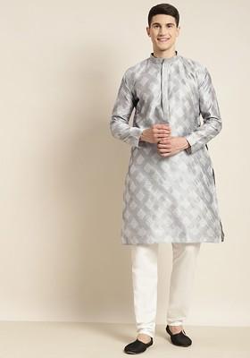 Grey Thread Work Poly Blend Kurta Set For Men