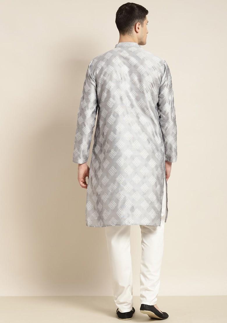 Grey Thread Work Poly Blend Kurta Set For Men