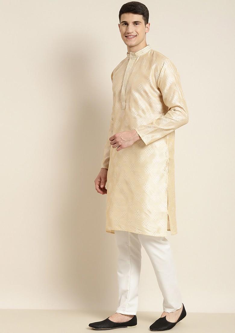 Cream Solid Poly Blend Kurta Set For Men