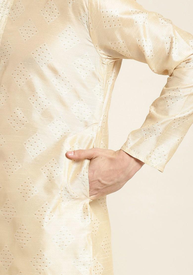 Cream Solid Poly Blend Kurta Set For Men