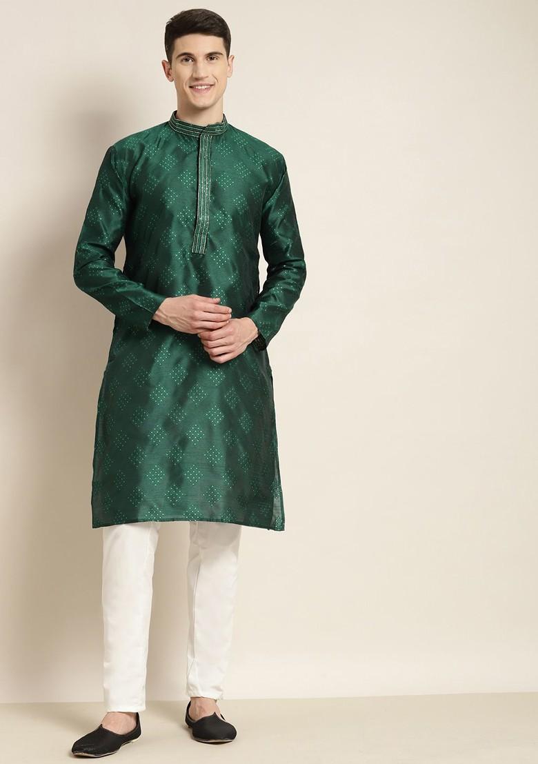 Green Solid Silk Kurta Set For Men