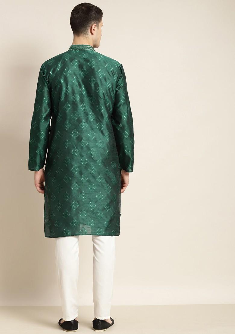 Green Solid Silk Kurta Set For Men