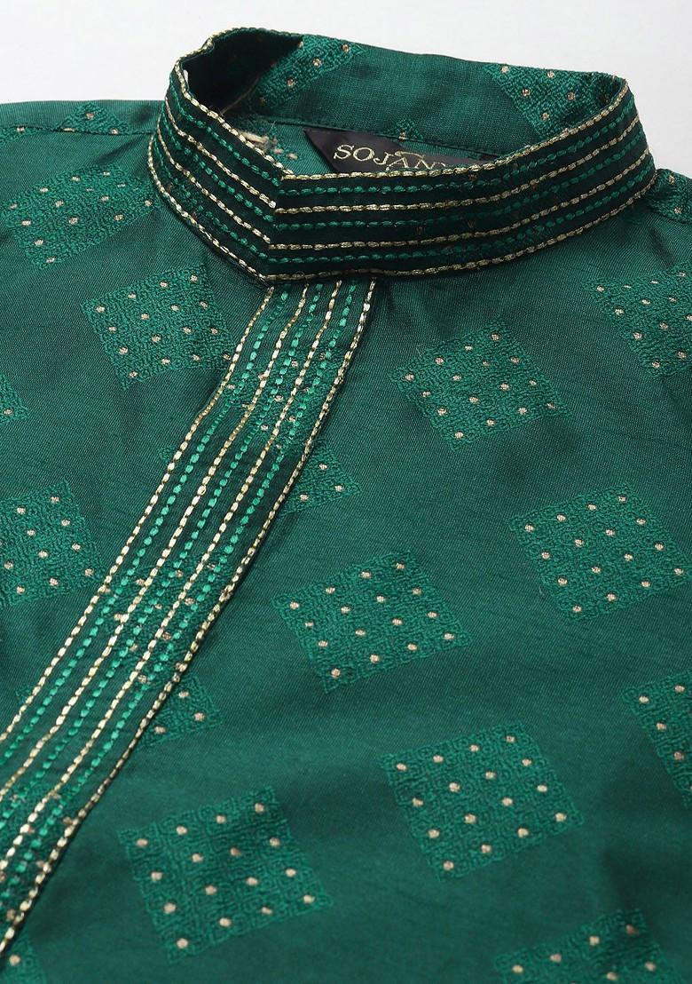 Green Solid Silk Kurta Set For Men
