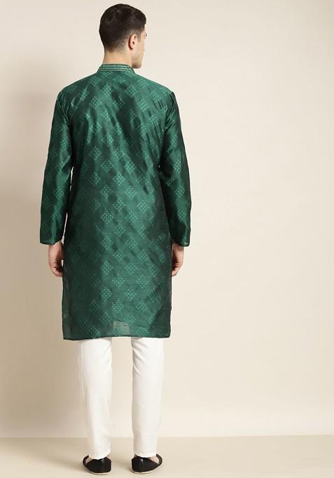 Green Solid Silk Kurta Set For Men