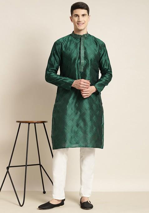 Green Solid Silk Kurta Set For Men