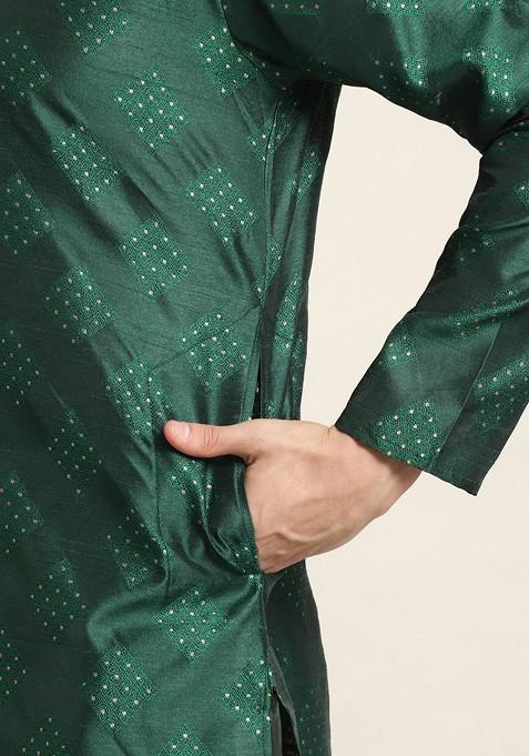 Green Solid Silk Kurta Set For Men