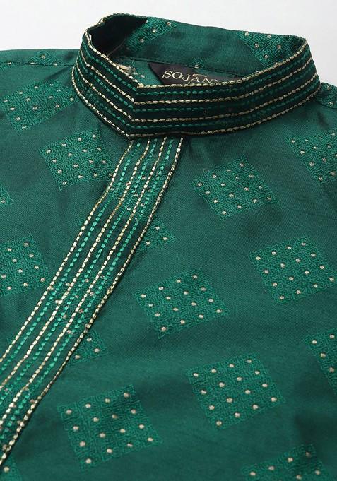 Green Solid Silk Kurta Set For Men