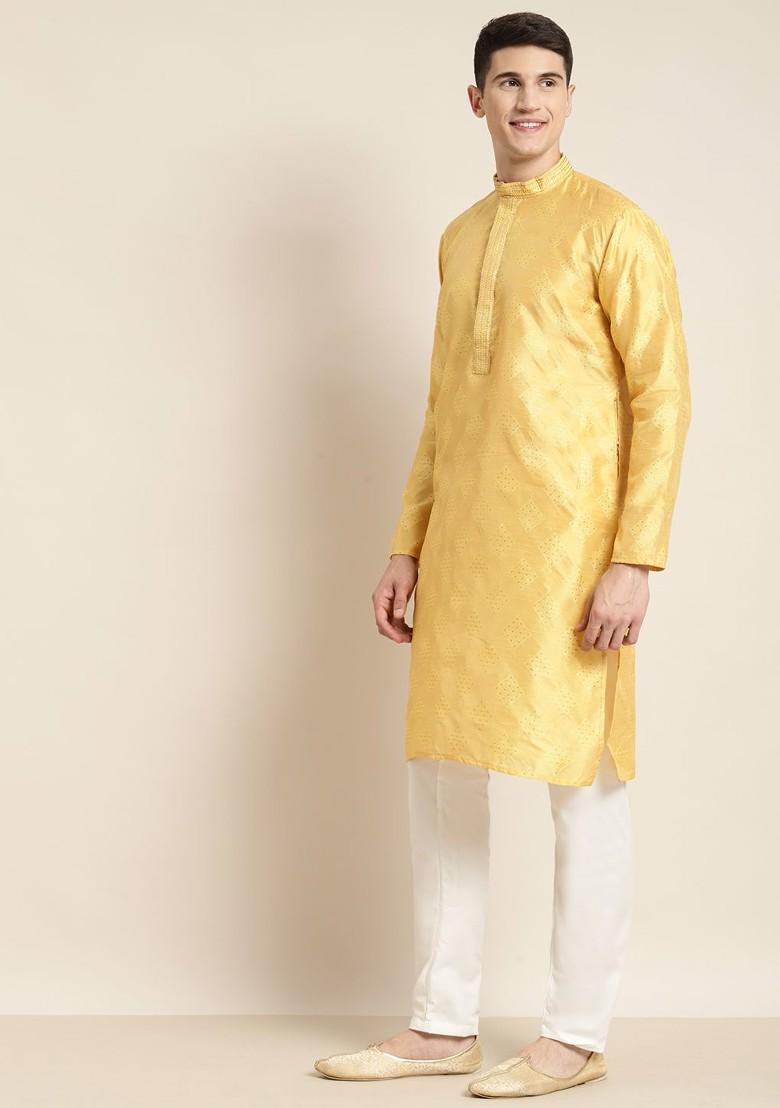 Gold Embroidered Silk Kurta Set For Men