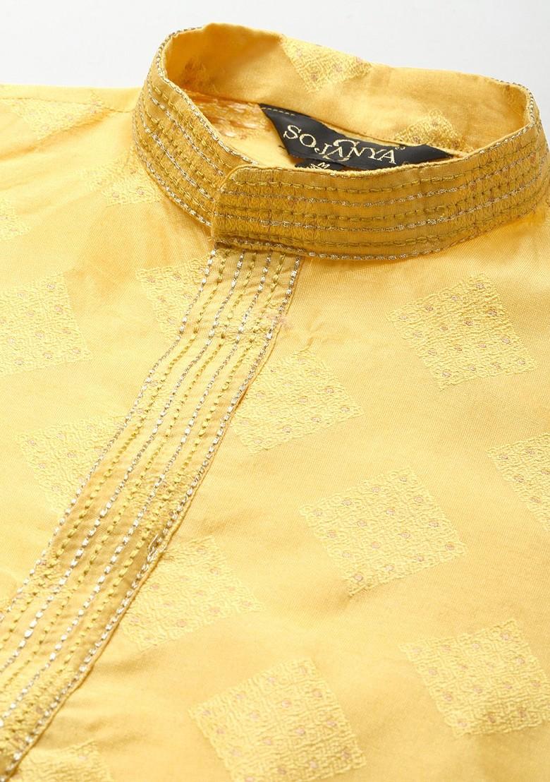 Gold Embroidered Silk Kurta Set For Men
