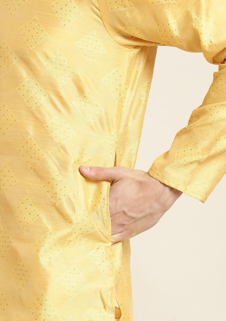 Gold Embroidered Silk Kurta Set For Men