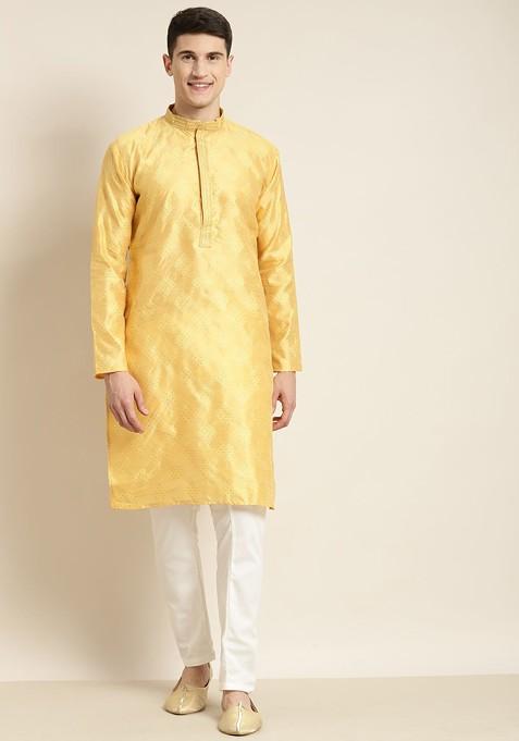 Gold Embroidered Silk Kurta Set For Men
