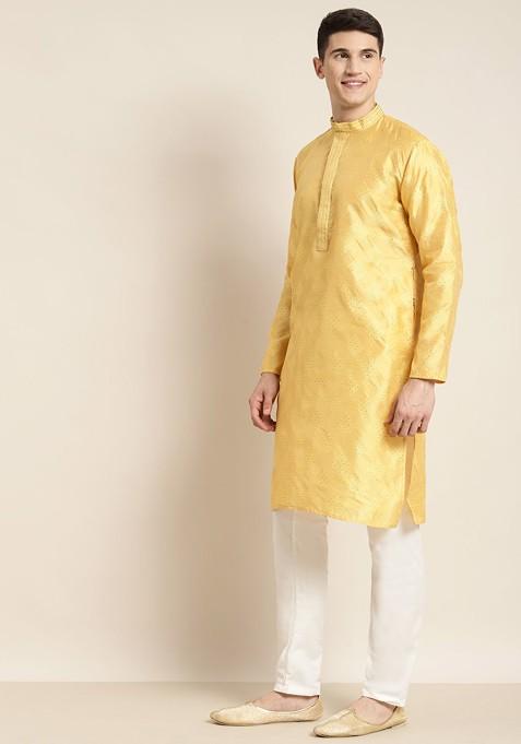 Gold Embroidered Silk Kurta Set For Men