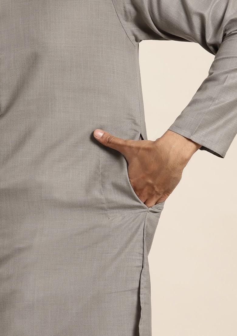 Grey Solid Poly Blend Kurta Set For Men