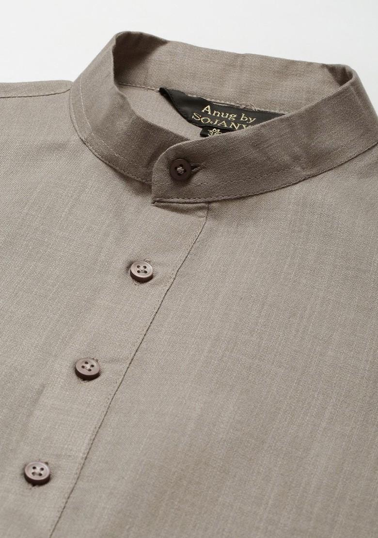 Grey Solid Poly Blend Kurta Set For Men
