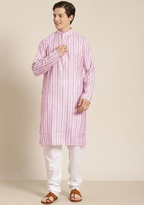 Pink Striped Cotton Kurta Set For Men