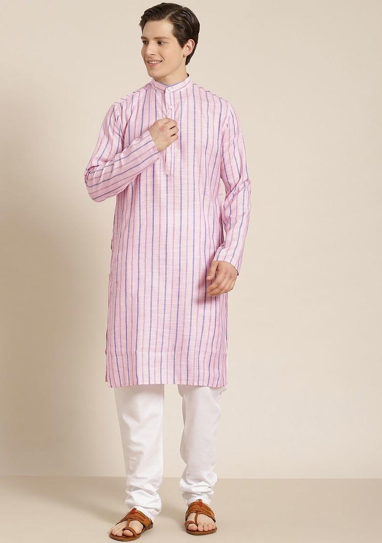 Pink Striped Cotton Kurta Set For Men