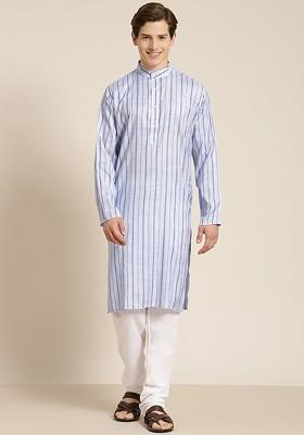 Blue Striped Cotton Kurta Set For Men