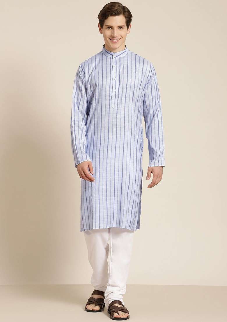 Blue Striped Cotton Kurta Set For Men - Indya