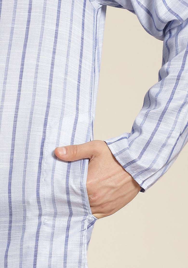 Blue Striped Cotton Kurta Set For Men - Indya