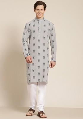 Grey Solid Cotton Kurta Set For Men