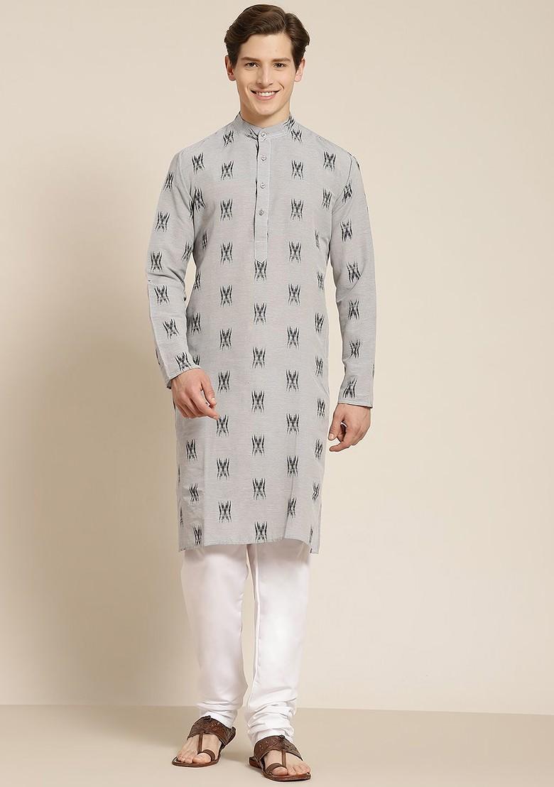 Grey Solid Cotton Kurta Set For Men