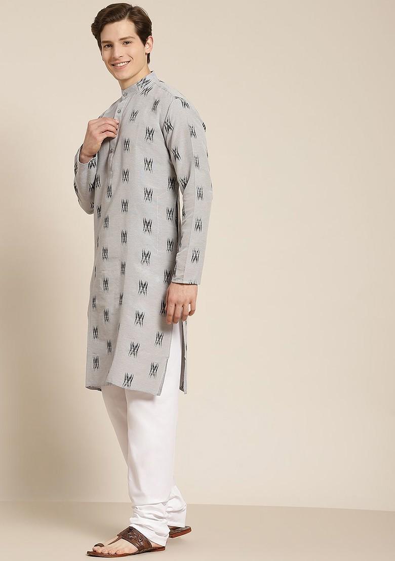 Grey Solid Cotton Kurta Set For Men
