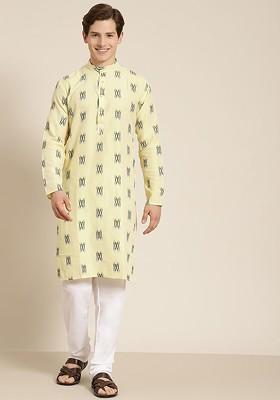 Yellow Solid Cotton Kurta Set For Men